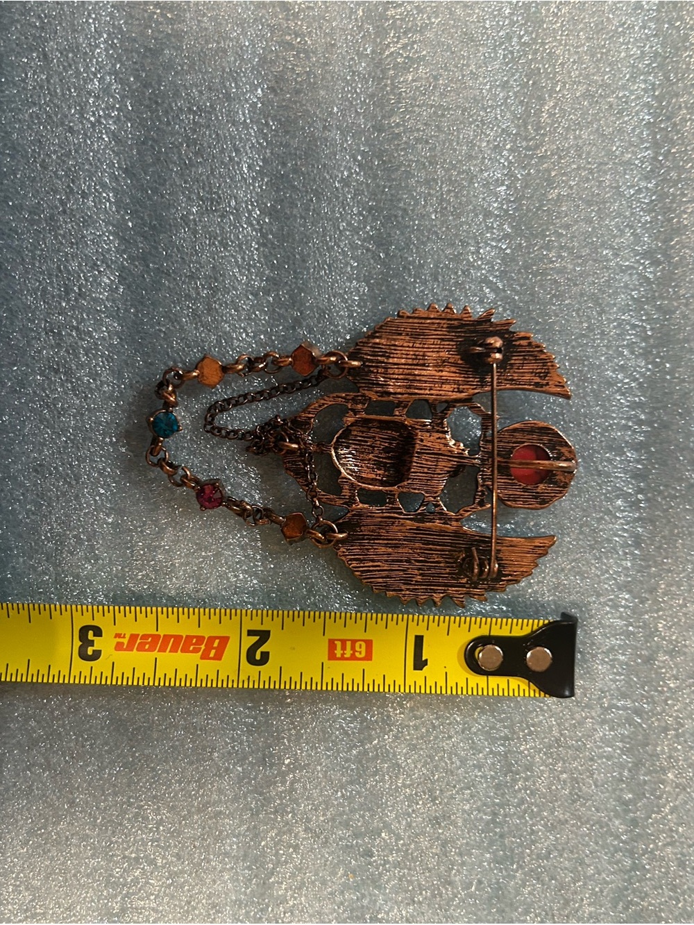 Source Unknown Blue and Coral Winged Scarab Brooch with Chain Drops - Picture 7 of 7